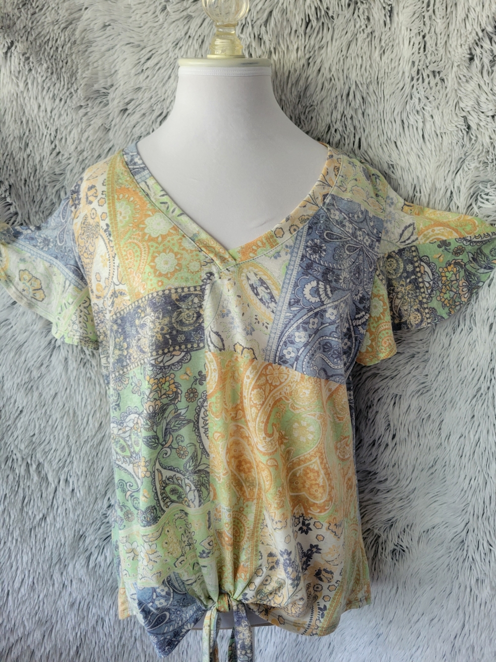 Tie-Front Paisley V-Neck Blouse in Pastel Multi